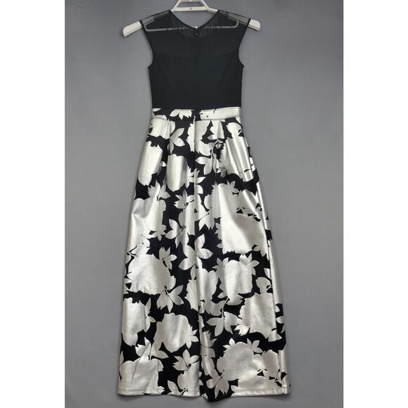 En Focus Studios Maxi Dress Womens 4 Black Silver Shimmer Floral Mesh Sleeveless - Picture 11 of 13